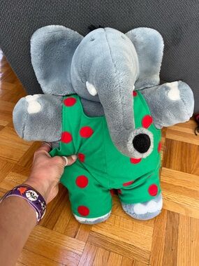 Vintage plush Elephant Toy in Green Polka-Dot Overalls -Soft Grey Stuffed Animal